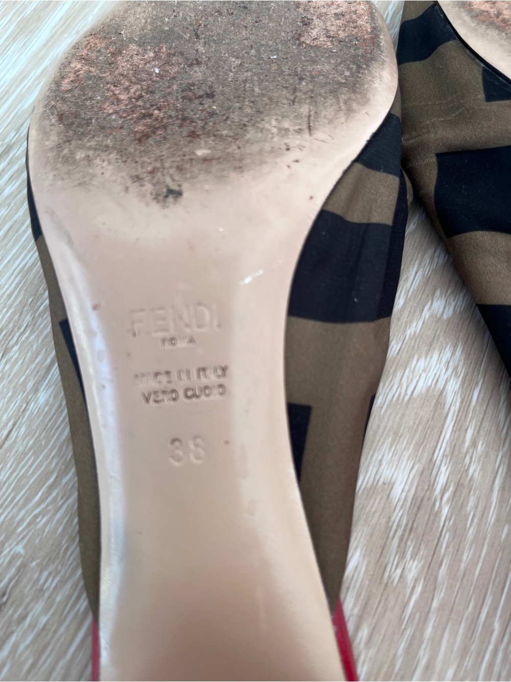 Fendi Brown and Black Striped Logo Pointed Pumps with Red Heel Accent